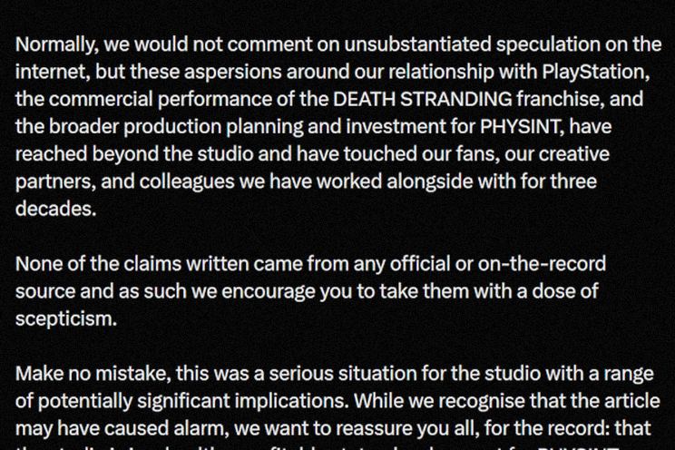Kojima Productions pide escepticismo sobre rumores de PHYSINT y dice que el estudio es rentable
